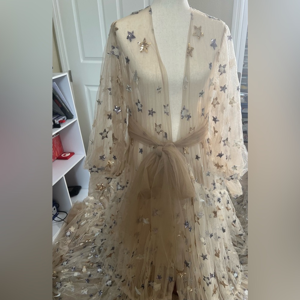 Beautiful Tan Sequin Stars Tulle Maternity Robe or any Occasion Photoshoot - Picture 5 of 10
